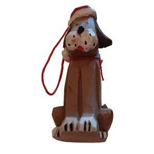 Vtg Folk Art Christmas Ornament Dog Wearing Santa's Hat Keepsake Collectable Kid
